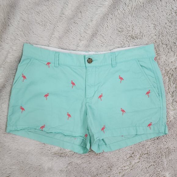 Old Navy Mint Green Pink Flamingo Women's Shorts Size12 Flat Front Chino Khakis - Picture 1 of 7